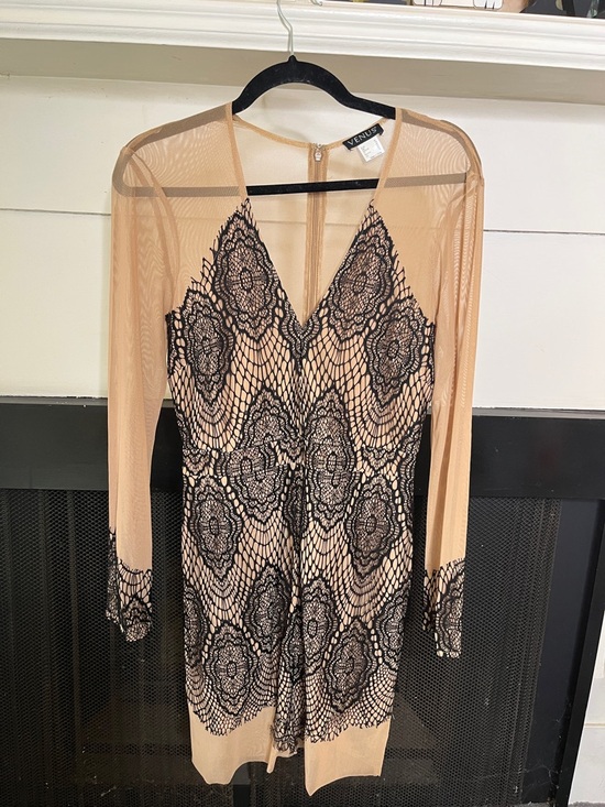 VENUS Dresses & Skirts - VENUS Nude Mesh Dress with Black Lace Medallions